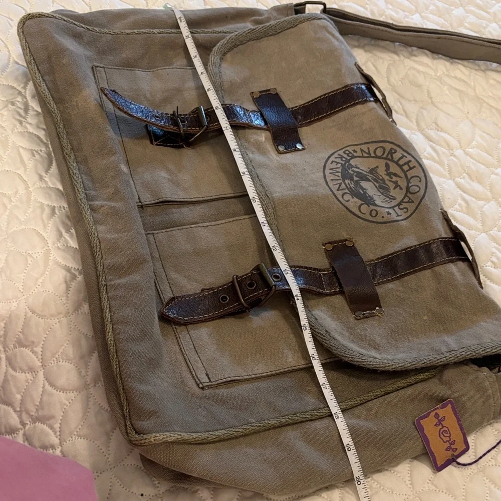 Canvas and Leather Messenger Bag - Khaki Green NWT North Coast Brewing Co Logo